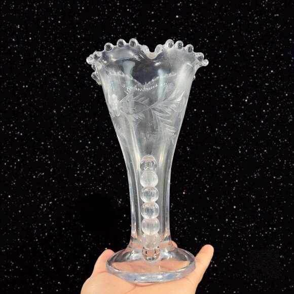 Imperial Candlewick Clear Flower Vase Ruffled Rim Etched Flowers Clear Vintage - Picture 9 of 12
